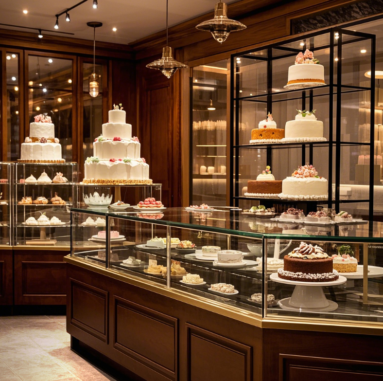 What kinds of exterior material customization does the cake display cabinet support?